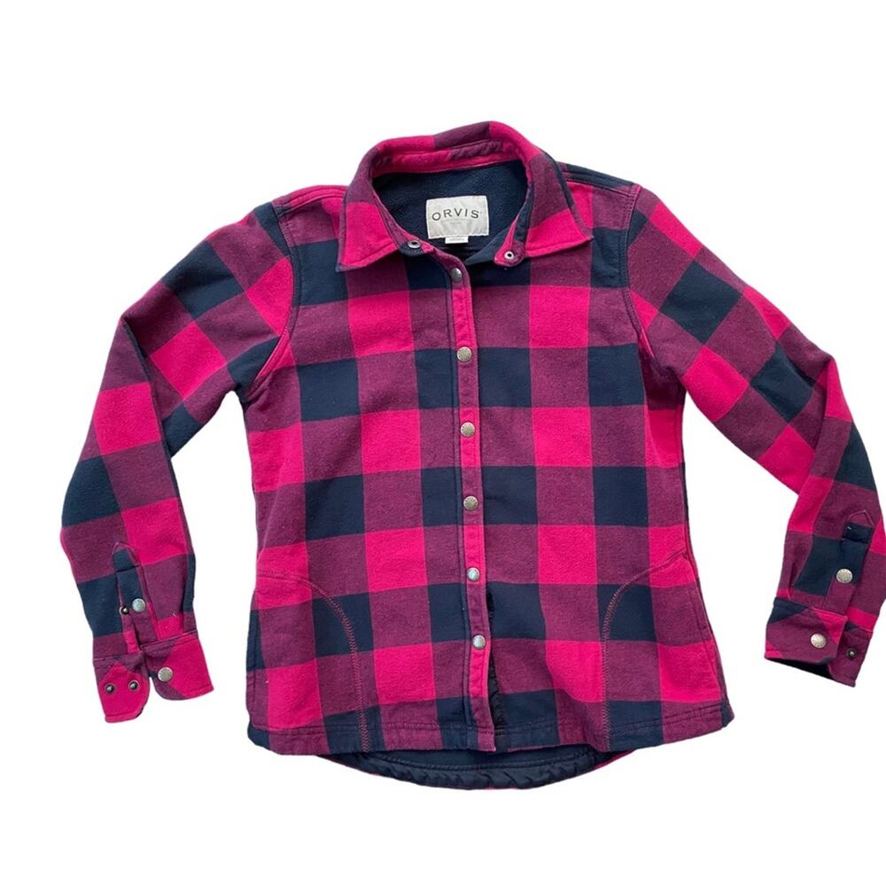 Orvis Plaid Button Down Jacket Shacket Small Fleece Lined Pink Blue